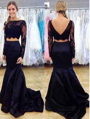 Navy Blue Two Piece Prom Dress, Long Sleeve Lace Prom Dresses,PD45307