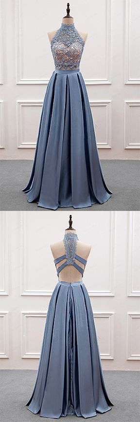 Two Pieces Prom Dresses,Lace Prom Dress,High Neck Prom Dresses,Blue Prom Dresses,PD455843