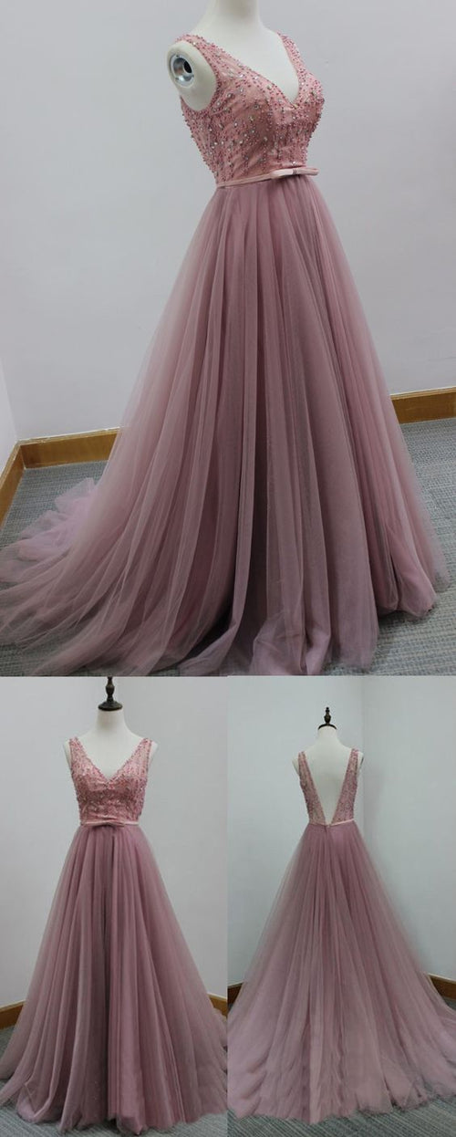 Backless Prom Dress,Tulle A Line Prom Dress,Custom Made Evening Dresses,PD455837