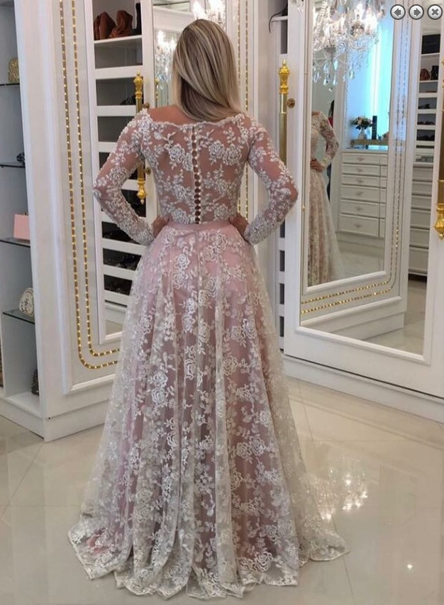 off shoulder long ivory lace long sleeves prom dress, HO231