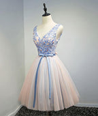 Pink V Neck Tulle Lace Short Prom Dresses, Homecoming Dresses,PD4558951