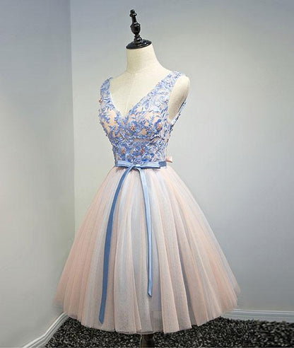 Pink V Neck Tulle Lace Short Prom Dresses, Homecoming Dresses,PD4558951