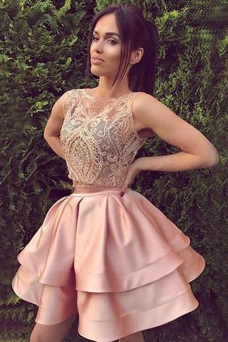 Cute round neck lace short a line pink homecoming dresses, sweet 16 dress,BD45462