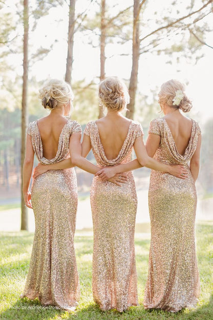 Gold Sequin bridesmaid dress,long bridesmaid dress,Short Sleeves bridesmaid dress,Open Back bridesmaid dress,BD005