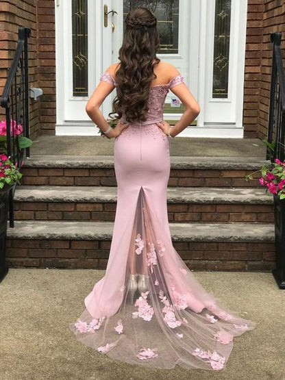 Pink off shoulder lace mermaid long prom dresses pink formal dresses,PD2210
