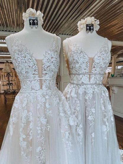 Light champagne v neck tulle lace long prom dress lace evening dress,PD2207