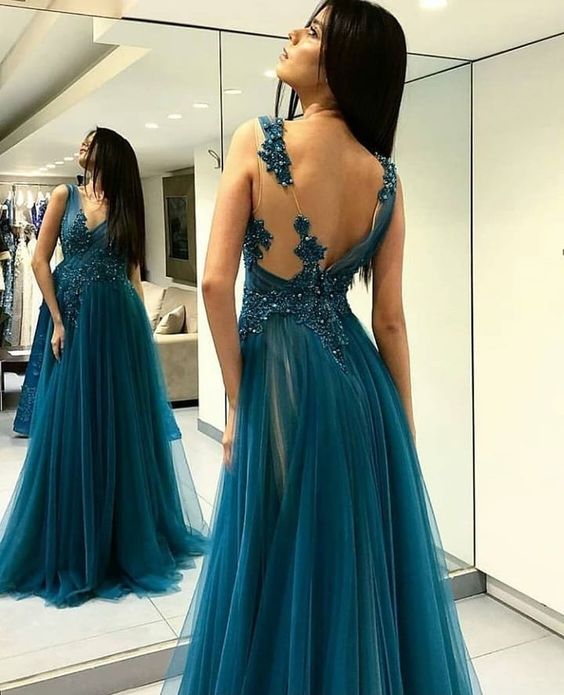 teal green tulle long prom dress side slit charming evening dress, HO224