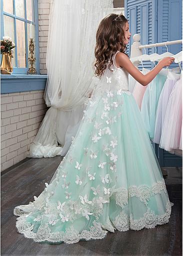 Mint Green Long Tulle And Lace Flower Girl Dresses For Wedding, little girl dress with cloak, FD010