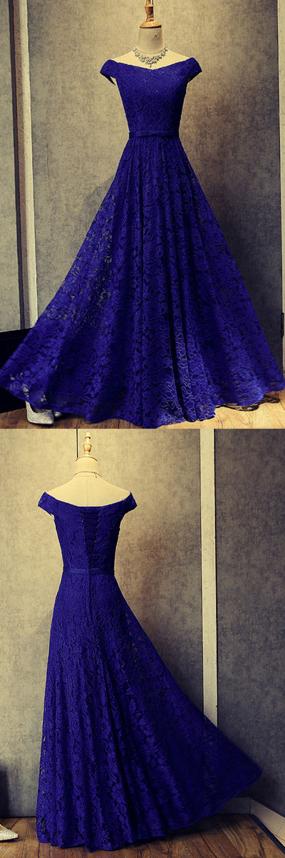 Royal Blue A Line Floor Length Off Shoulder Lace Up Hollow Prom Dress,Formal Dresses,BD56460