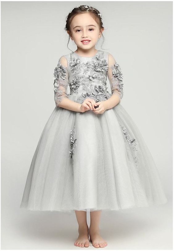 Light Grey Flower Girl Dresses, Long Sleeves Little Girl Dress, Girl&