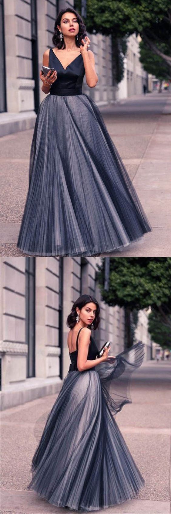 V-Neck Sleeveless Tulle Floor Length Evening Dress Prom Dresses,PD45039