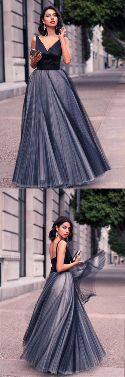 V-Neck Sleeveless Tulle Floor Length Evening Dress Prom Dresses,PD45039