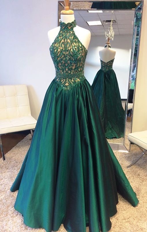 Elegant Halter Sweep Train Hunter Prom Dress with Lace Beading, Emerald Green Prom Dress, Prom Party Dress, Long Prom Dresses,PD45447