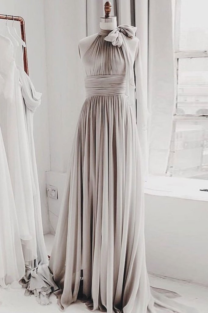 simple light grey chiffon long prom dress cheap bridesmaid dress,HO174