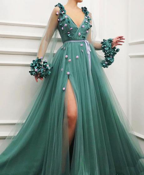 dusty green tulle v-neck long sleeves prom dress with side slit,HO188