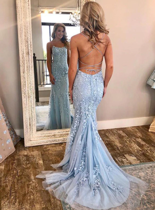 light blue open back lace long mermaid evening dress, HO230