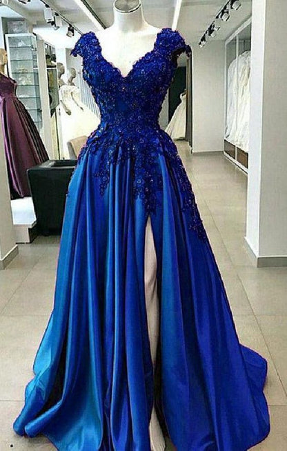 charming v-neck cap sleeves long prom dress side slit evening dress, HO222