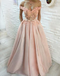 blush pink off shoulder A-line long princess prom dress,BO72