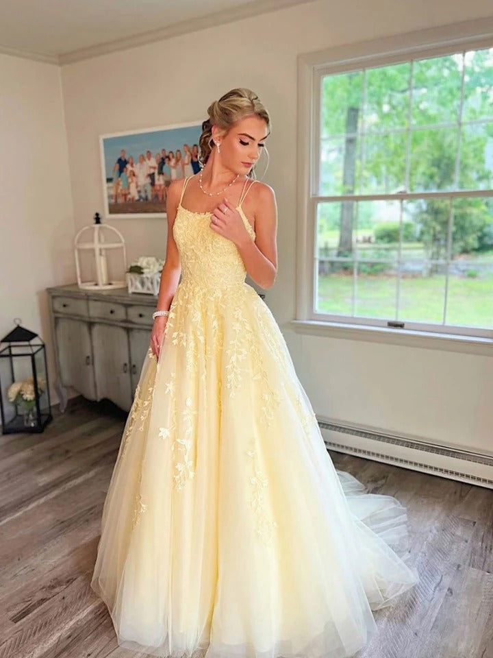 Yellow A line tulle lace long prom dress yellow tulle evening dress,BD22229