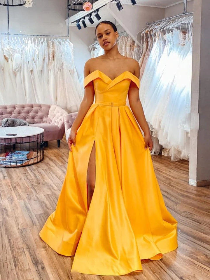 Simple yellow off shoulder satin long prom dress yellow evening dress,BD22228