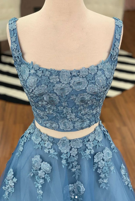 two pieces blue tulle with appliques long prom dress, HO235