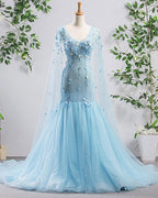 Bright Blue Tulle V Neck Long Sleeve Mermaid 3D Lace Applique Evening Dress, Prom Dress, BH91218
