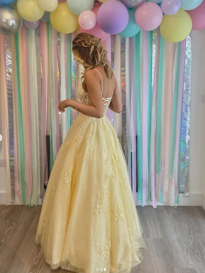 Yellow Aline tulle lace long prom dress yellow tulle long party dress,BD22227