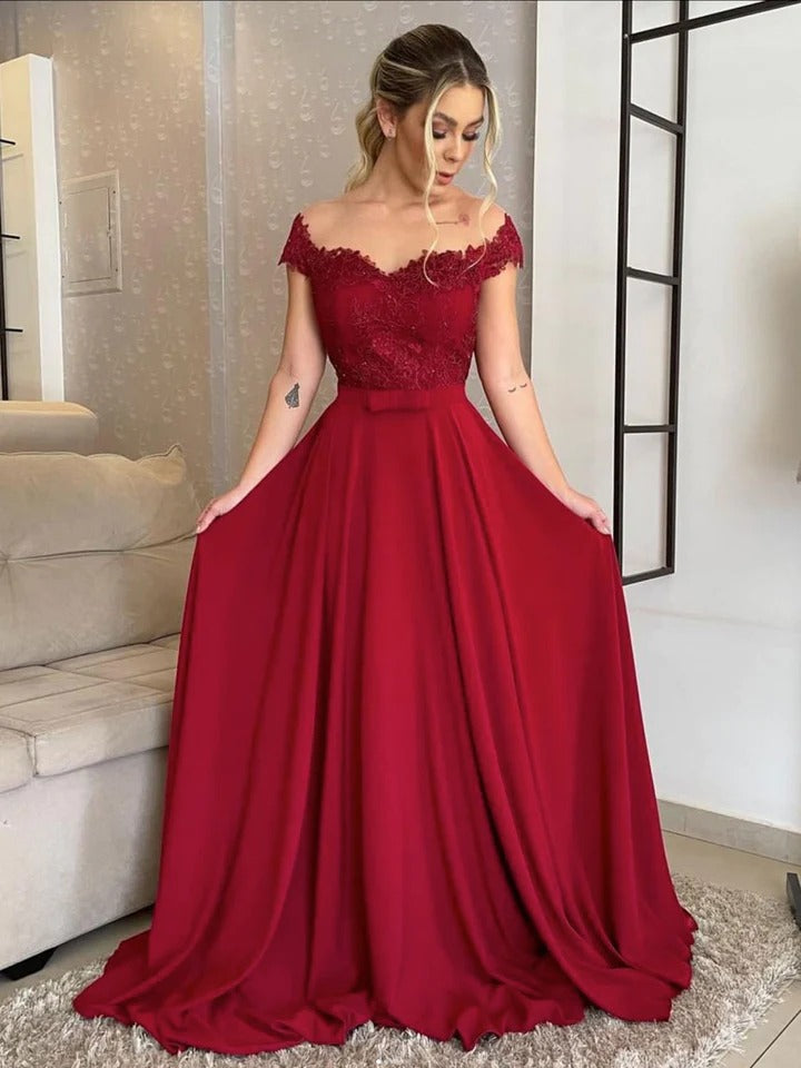 Burgundy A line off shoulder long prom dress, lace long bridesmaid dress,BD22223