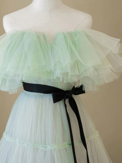 Green A line tulle long prom dress green tulle formal dress,BD22206