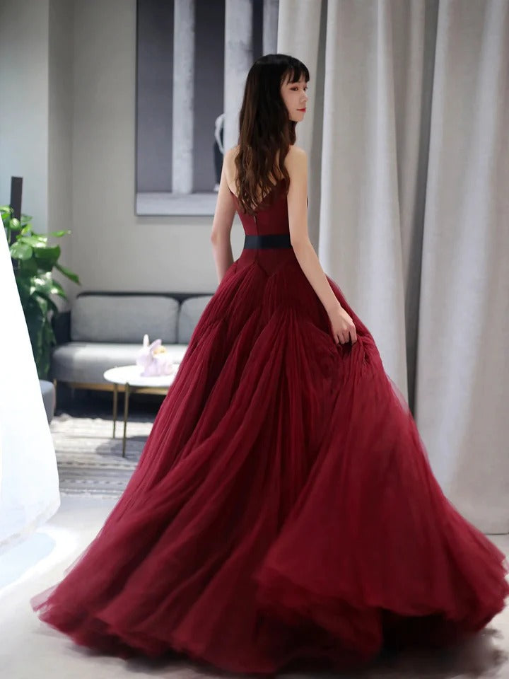 Burgundy v neck tulle long prom dress burgundy tulle formal dress,BD22231