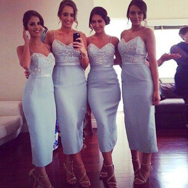 blue bridesmaid dress,tea length bridesmaid dress,sheath bridesmaid dress,BD1630