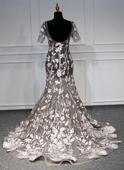 Unique Flower Lace Open Back Long Mermaid Women Prom Dress, Evening Dress With Sleeve, BH91215