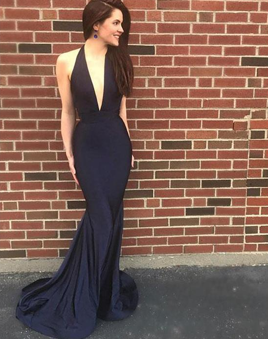 v-neck halter navy simple and elegant long cheap evening dress,HO108
