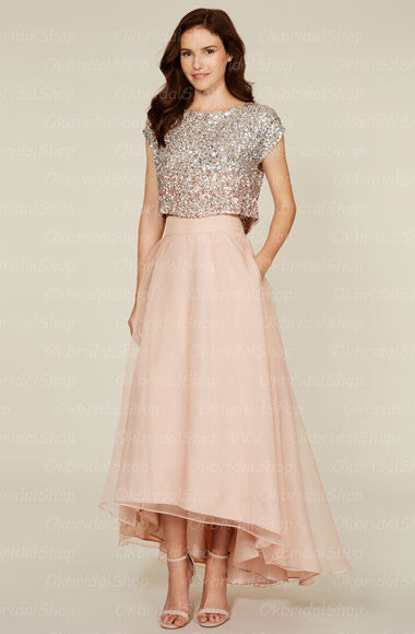 sequin bridesmaid dresses, 2 piece bridesmaid dresses, organza bridesmaid dresses, blush pink bridesmaid dresses,strapless bridesmaid dresses,BD360001