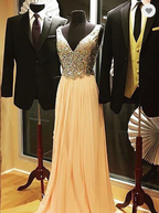 champagne beaded chiffon v-neck long prom dress, HO217