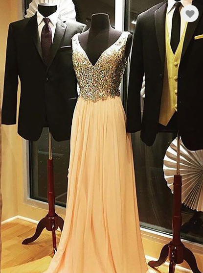 champagne beaded chiffon v-neck long prom dress, HO217