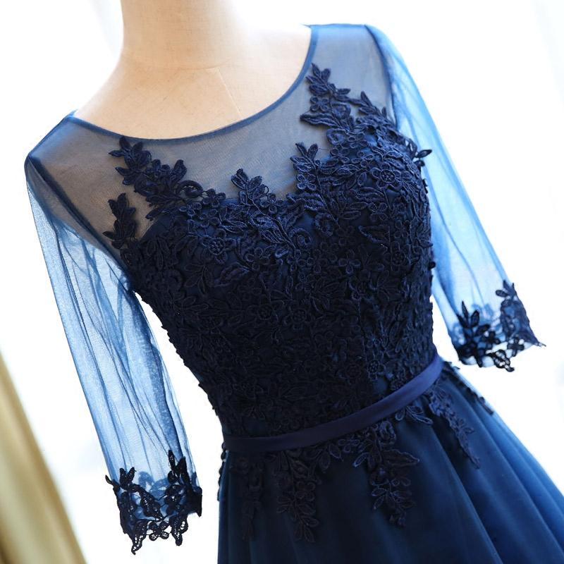 Chic Prom Dresses Sexy Dark Navy Appliques Lace-up Long Prom Dresses,PD4558703