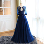 Chic Prom Dresses Sexy Dark Navy Appliques Lace-up Long Prom Dresses,PD4558703
