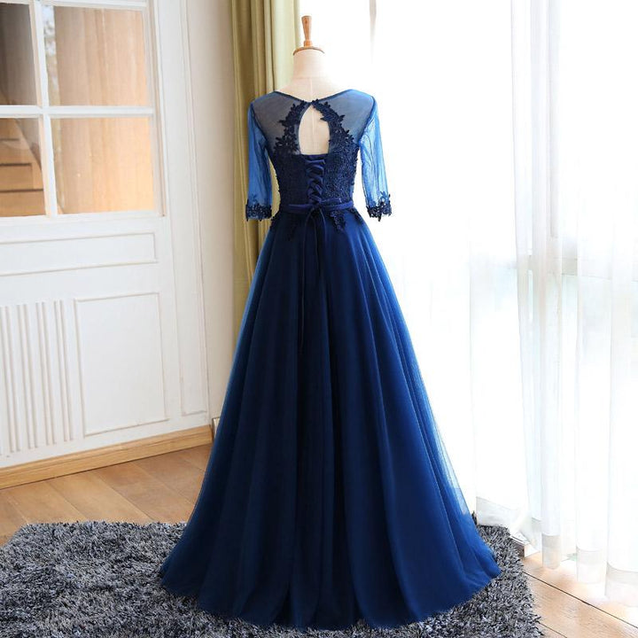 Chic Prom Dresses Sexy Dark Navy Appliques Lace-up Long Prom Dresses,PD4558703
