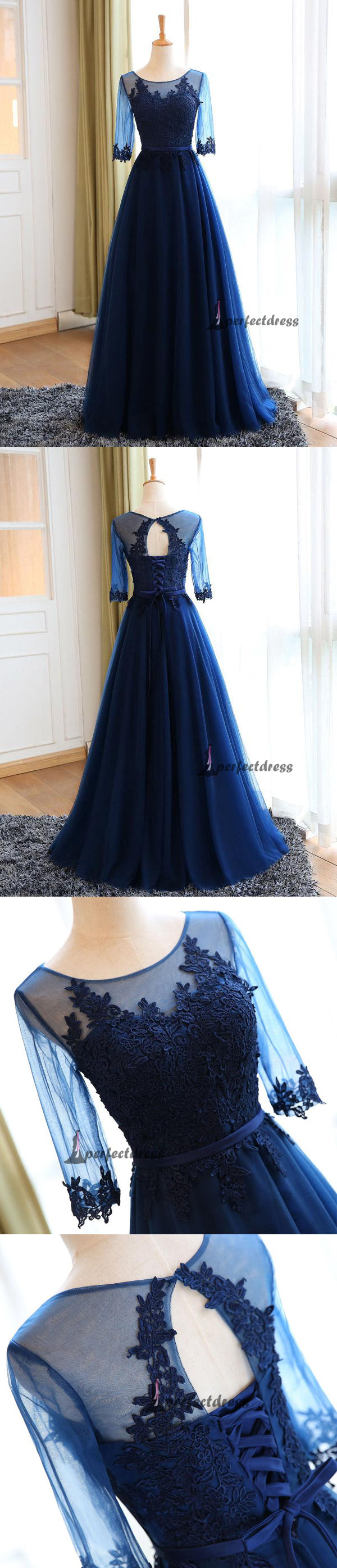 Chic Prom Dresses Sexy Dark Navy Appliques Lace-up Long Prom Dresses,PD4558703