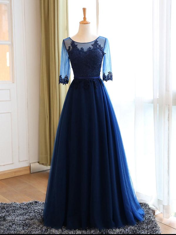 Chic Prom Dresses Sexy Dark Navy Appliques Lace-up Long Prom Dresses,PD4558703