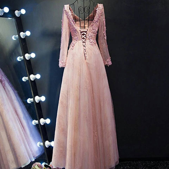 Chic V-neck Prom Dresses, Sexy Long Lace Prom Dresses,PD4558704