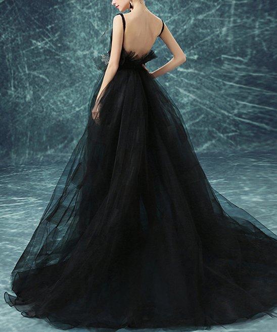 Black Backless Prom Dresses ,Straps A-line Sweep,Brush Train Prom Dress,PD4558723