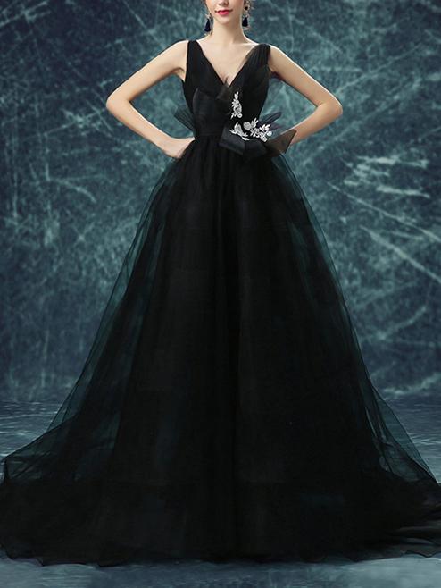 Black Backless Prom Dresses ,Straps A-line Sweep,Brush Train Prom Dress,PD4558723