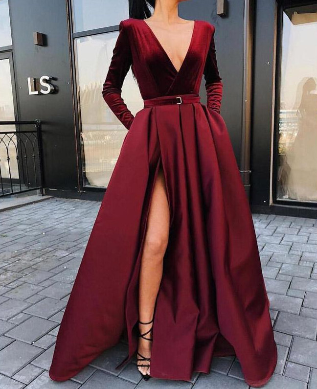 v-neck long sleeves burgundy long A-line side slit prom dress,HO107
