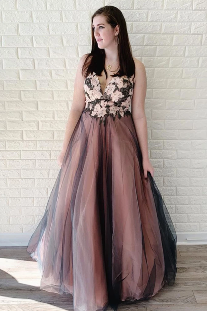 spaghetti straps v-neck tulle A-line long prom dress, HO237