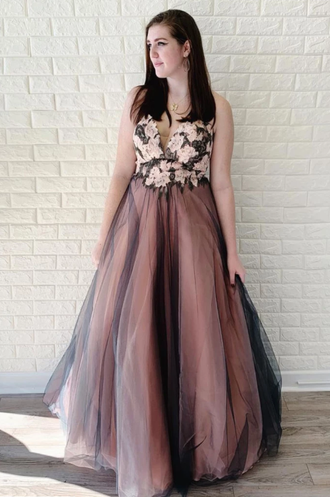 spaghetti straps v-neck tulle A-line long prom dress, HO237
