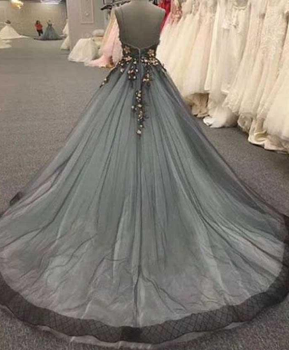sweetheart black tulle with flower appliques long A-line prom dress,HO105
