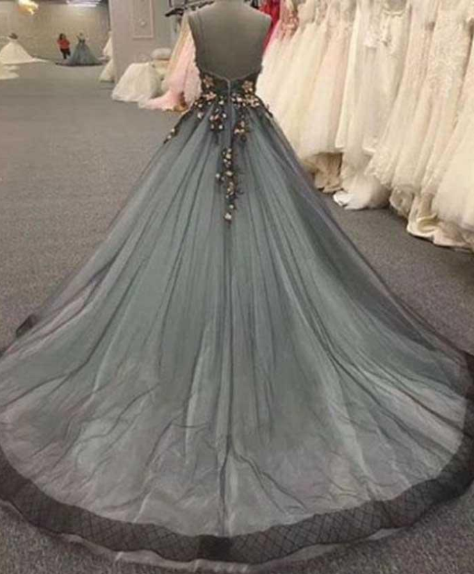 sweetheart black tulle with flower appliques long A-line prom dress,HO105