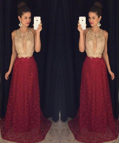 charming ivory and burgundy lace long affordable evening dresses,HO102